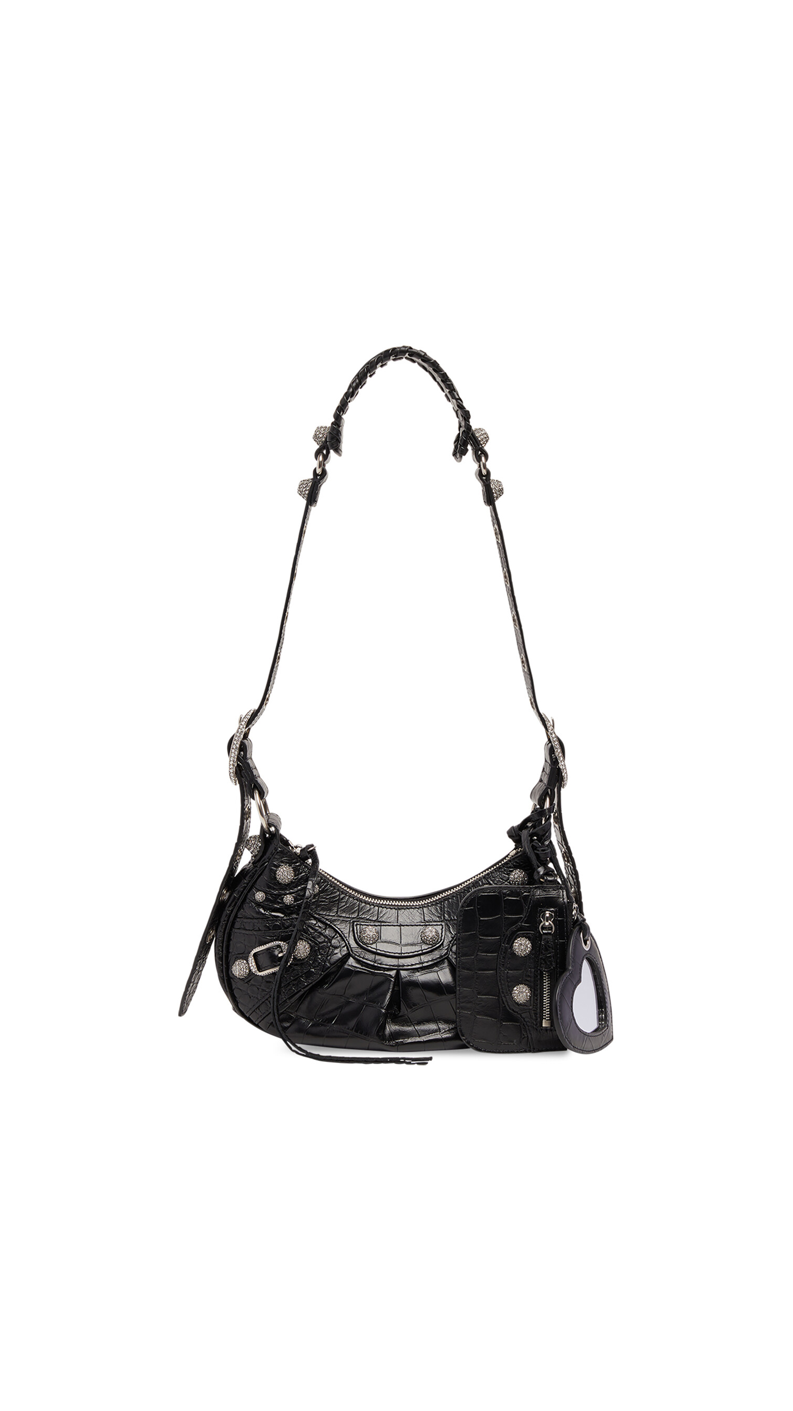 Le Cagole XS Shoulder Bag Crocodile Embossed with Rhinestones - Black