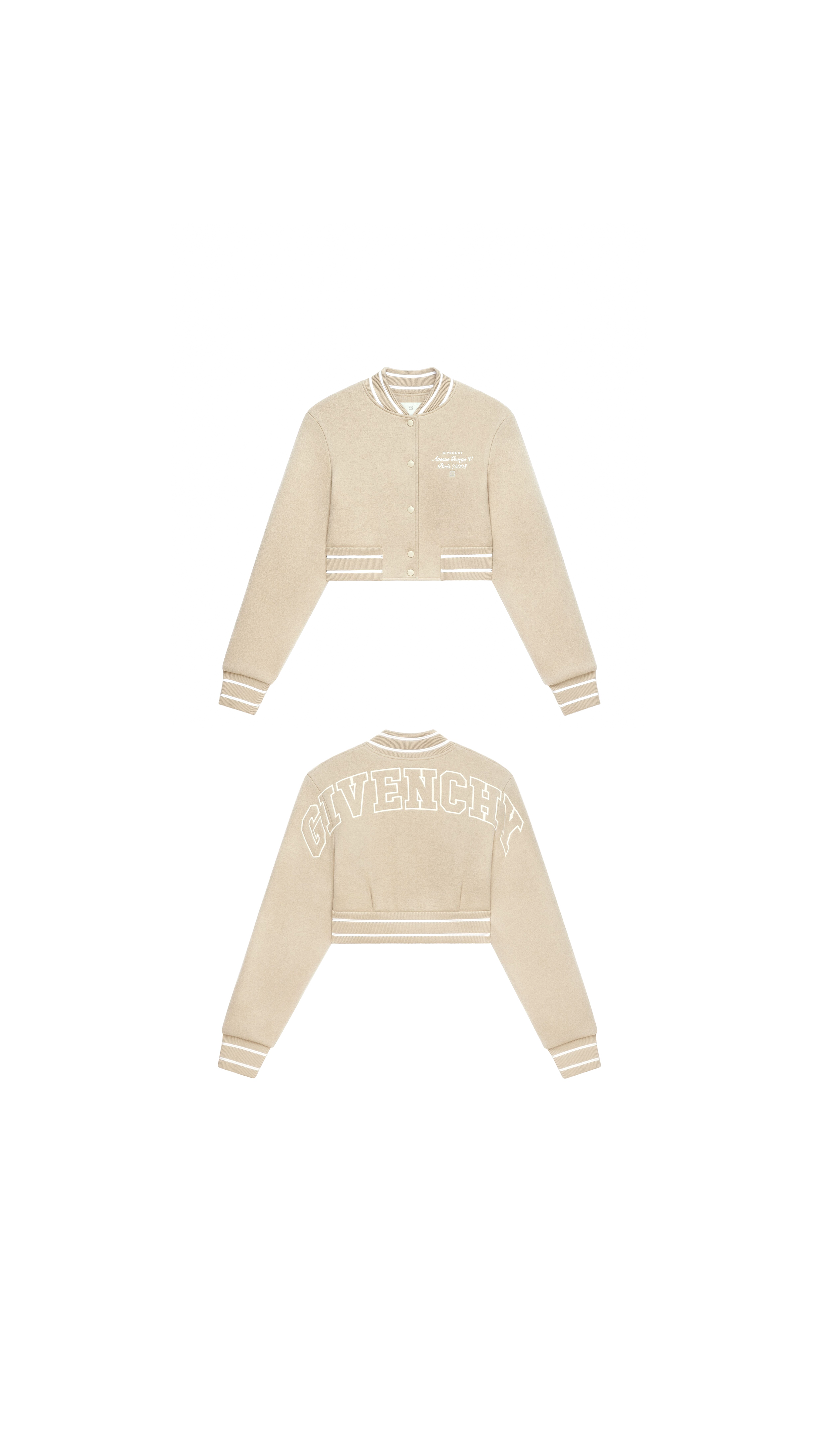 Short Bomber Jacket in Embroidered Wool - Beige/White